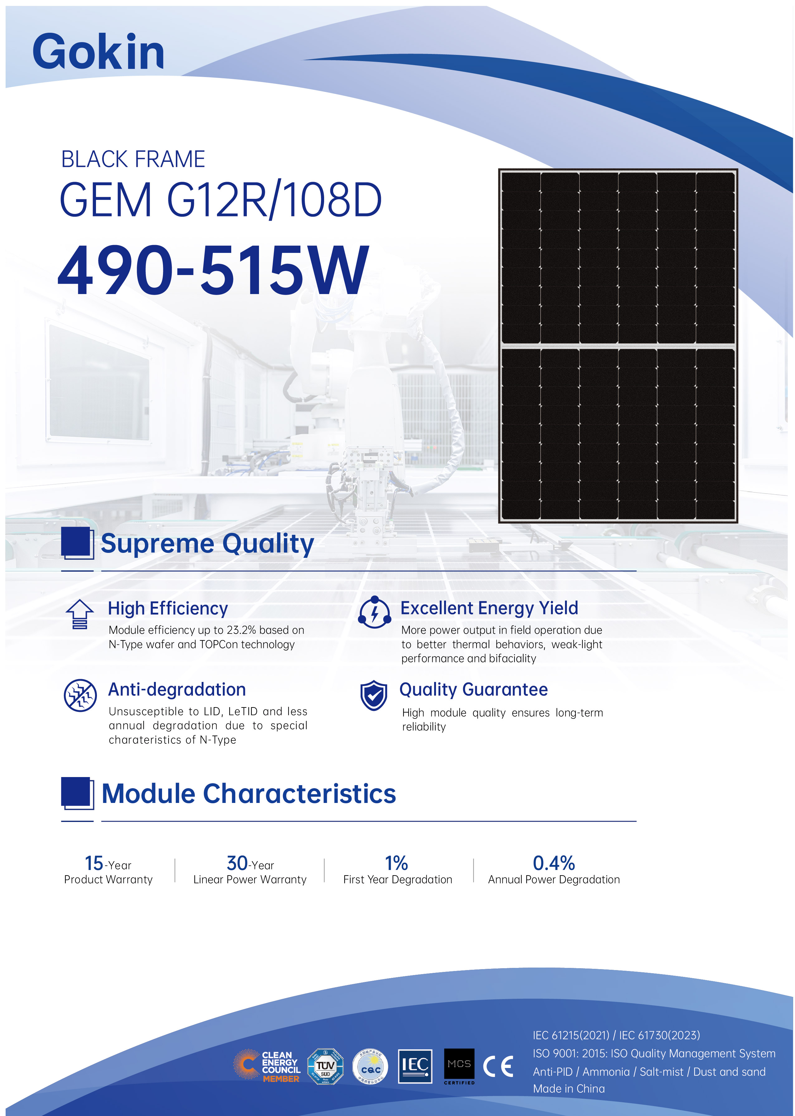 GEM  G12R-108D<br>490-515W Black Frame (Glass:1.6mm)