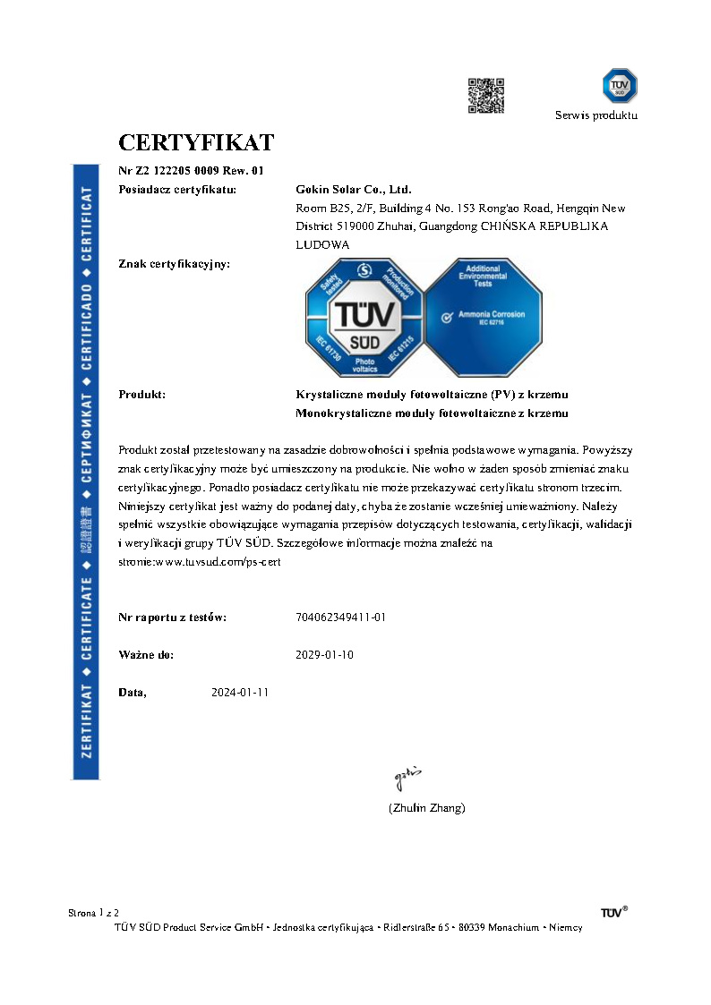 T?V SUD Certyfikat amoniaku dla modu?u dwuszybowego