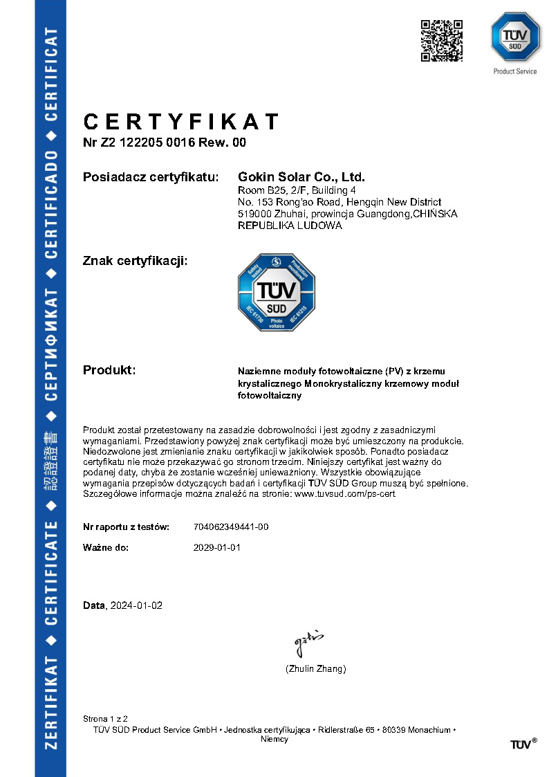 T?V SUD Certyfikat dla modu?u jednoszybowy
