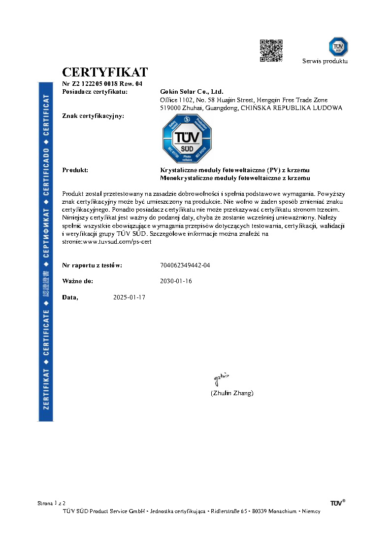T?V SUD Certyfikat dla modu?u dwuszybowego