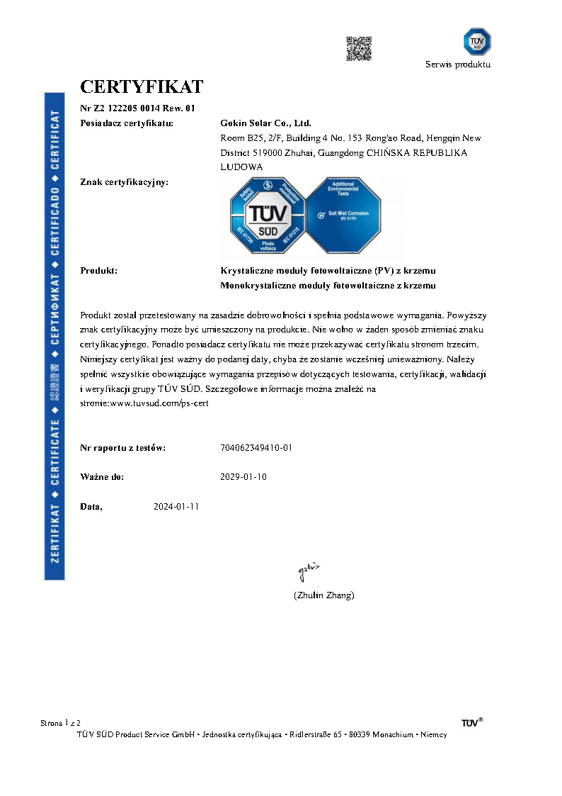 T?V SUD Certyfikat mg?y solnej dla modu?u dwuszybowego
